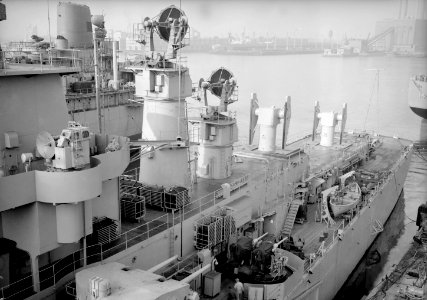 Early Mk 25 missile guidance radars on USS Boston (CAG-1) in 1955 photo