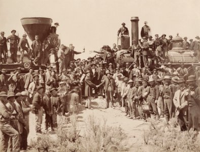 East and West Shaking hands at the laying of last rail Union Pacific Railroad - Restoration photo