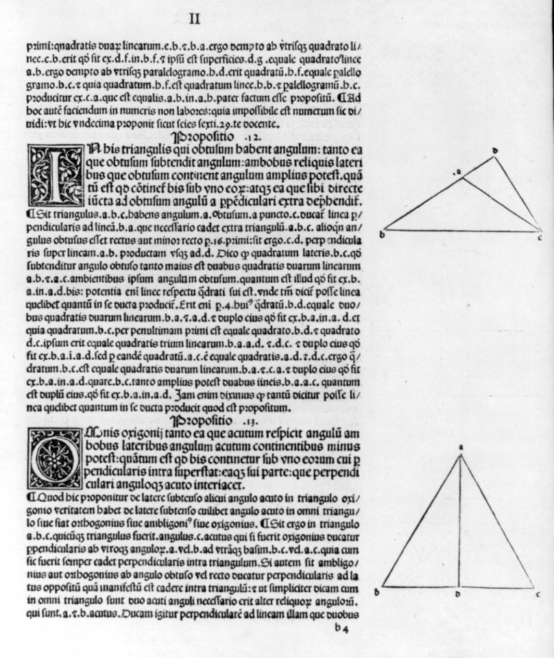 Geometric diagrams in margins of text of first printed edition of Euclid's Elements, which they illus.- 2 diagrams of text (page headed II) LCCN2005683646