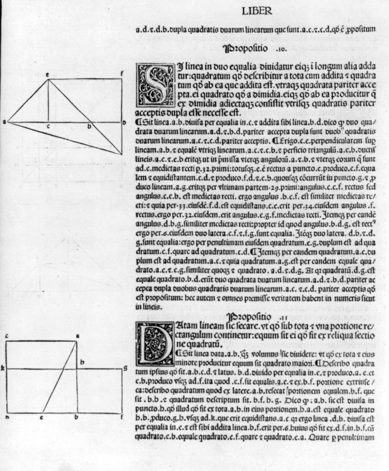 Geometric diagrams in margins of text of first printed edition of Euclid's Elements, which they illus.- 2 diagrams at left of text (page headed Liber) LCCN2005683645