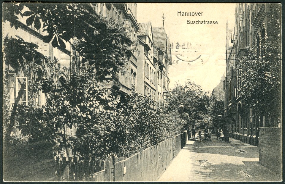 Georg Kugelmann PC 0000 Verlag von Fritz Otto, Hannover, Buschstraße, Bildseite, Blick im Jahr 1907 durch die spätere Kortumstraße (Südstadt) in nordöstliche Richtung