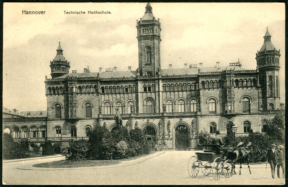 Georg Kugelmann PC 0271 Hannover, Technische Hochschule. Bildseite mit offener Pferdekutsche am Welfengarten