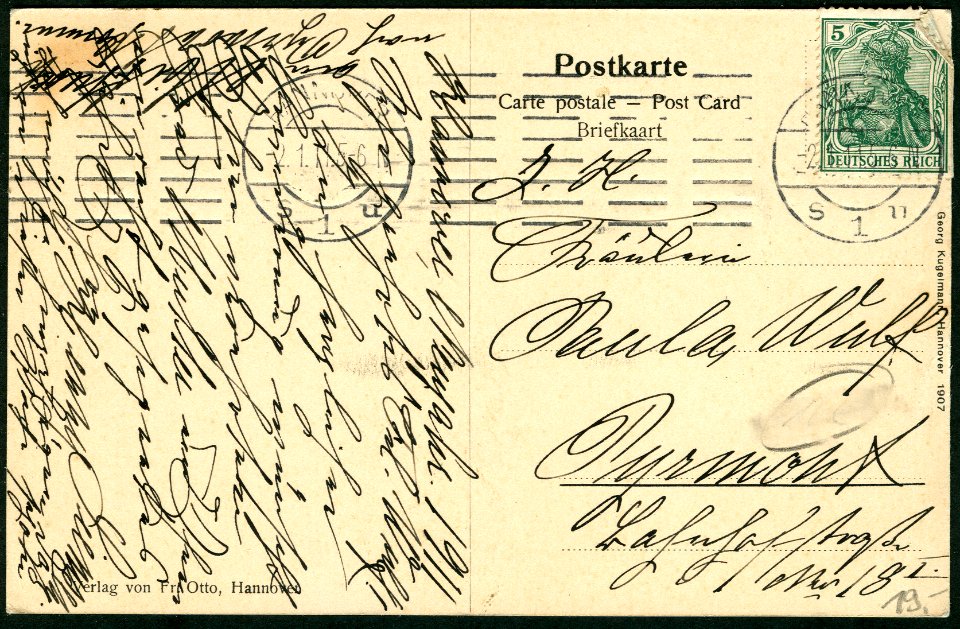 Georg Kugelmann PC 0000 Verlag von Fritz Otto, Hannover, Buschstraße, Adressseite 1911 an Fräulein Paula Wulf, Pyrmont ...
