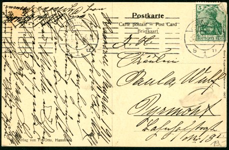 Georg Kugelmann PC 0000 Verlag von Fritz Otto, Hannover, Buschstraße, Adressseite 1911 an Fräulein Paula Wulf, Pyrmont ...