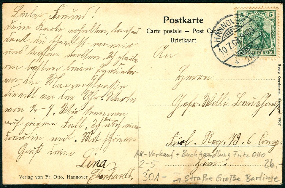 Georg Kugelmann PC 0000 Verlag von Fritz Otto, Hannover. Große Barlinge, Adressseite An Herrn Gefreiter Willi ... Füsilier-Regiment Nr. 73, 6. Kompanie
