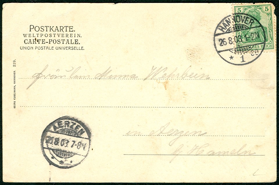 Georg Kugelmann PC 0229 Hannover Am Marstall Adressseite 1903 an Fräulein Minna Wehrbein in Aerzen bei Hameln