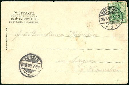 Georg Kugelmann PC 0229 Hannover Am Marstall Adressseite 1903 an Fräulein Minna Wehrbein in Aerzen bei Hameln