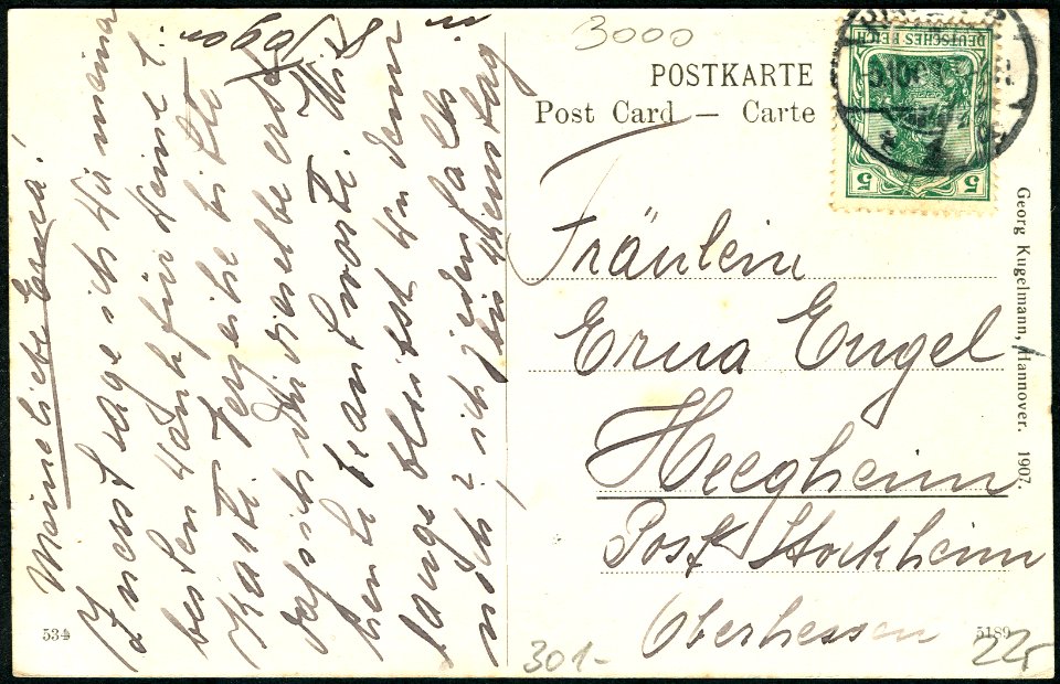 Georg Kugelmann PC 0534 Hannover Ellernstraße, Adressseite an Fräulein Erna Engel, Heegheim, Post Stockheim, Oberhessen