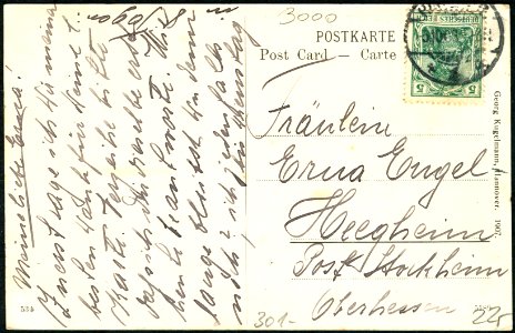 Georg Kugelmann PC 0534 Hannover Ellernstraße, Adressseite an Fräulein Erna Engel, Heegheim, Post Stockheim, Oberhessen