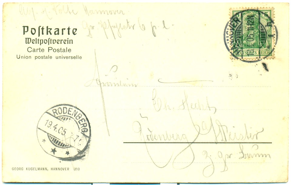 Georg Kugelmann PC 0310 Hannover Engelbostelerdamm Adressseite 1911 Hannover Rodenberg