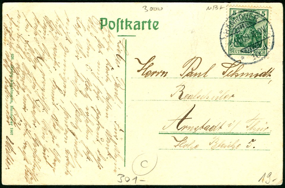 Georg Kugelmann PC 0626 Hannover, Lutherstraße, Adressseite 1909 an Paul Schmidt in Arnstadt, Hohe Bleiche 5
