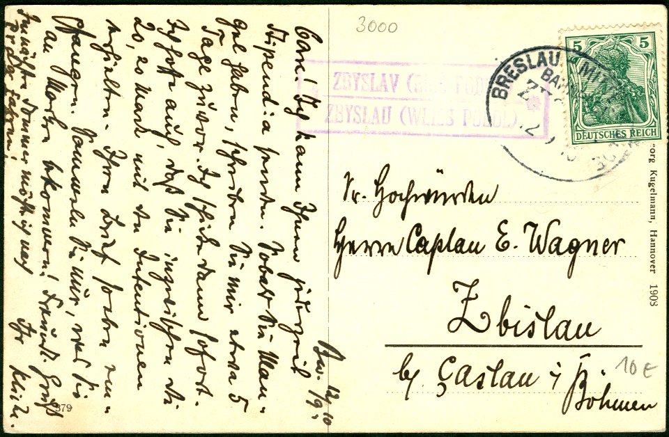 Georg Kugelmann PC 0379 1908 Hannover Schillerstraße Adressseite Zbislau Zbislav
