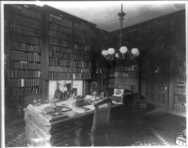 George Bancroft, 1800-1891, half-length portrait, seated at desk in library, facing front LCCN2005689554