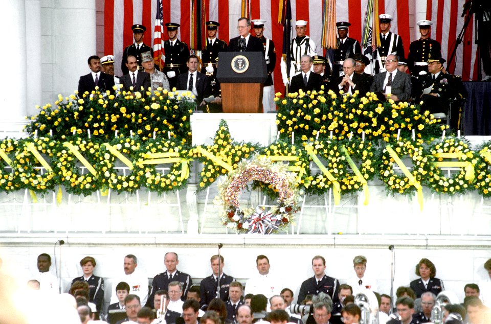 George H. W. Bush speaks at a morning service at Arlington National Cemetery