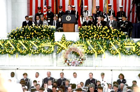 George H. W. Bush speaks at a morning service at Arlington National Cemetery