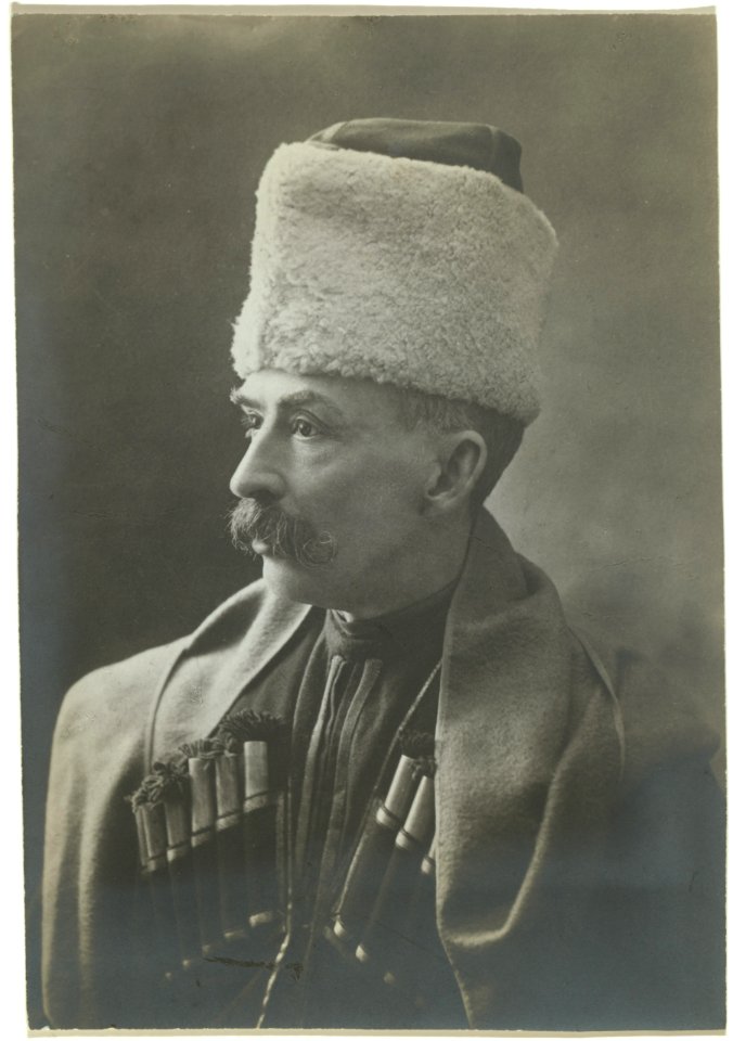 George Kennan wearing Georgian cossak uniform, half-length portrait, facing left LCCN99615673