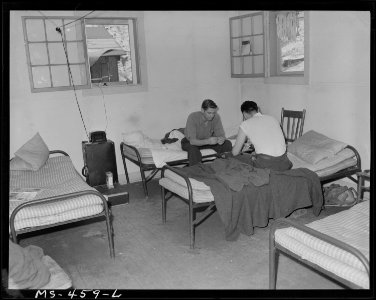 Game of cards in bachelor quarters for miners in company housing project. Utah Fuel Company, Sunnyside Mine... - NARA - 540424
