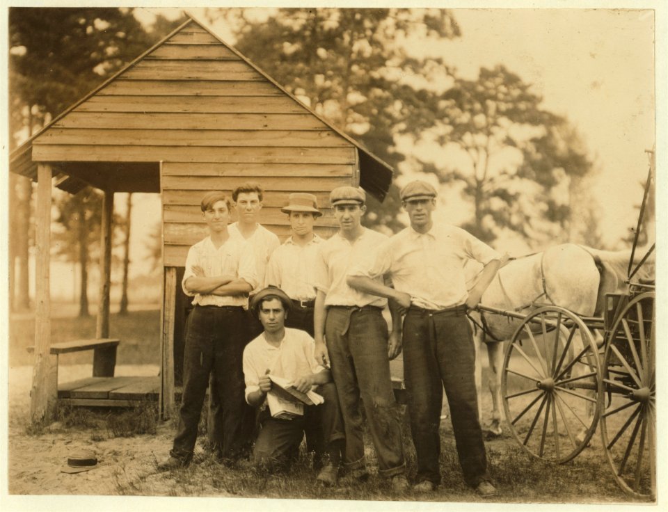 Gang of older boys working in White's Bog Brown Mills, N.J. Cranberry bogs, a rough gang. Sept. 28, 1910. Witness, E. F. Brown,. LOC nclc.00046