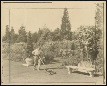 Gardener pushing lawn mower, posed to illustrate Rudyard Kipling's poem The Glory of the Garden LCCN00651262