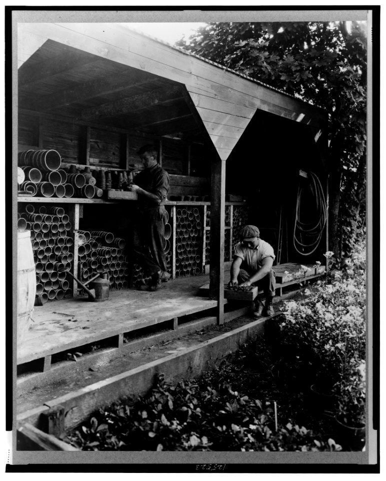Gardeners potting plants in a shed, posed to illustrate Rudyard Kipling's poem The Glory of the Garden LCCN00649551