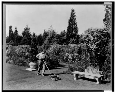 Gardener pushing lawn mower, posed to illustrate Rudyard Kipling's poem The Glory of the Garden LCCN00651261
