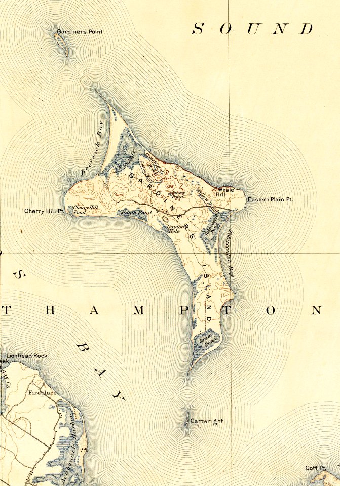 Gardiners Point Island, Gardiners Island and Cartwright Island, in 1904 USGS map