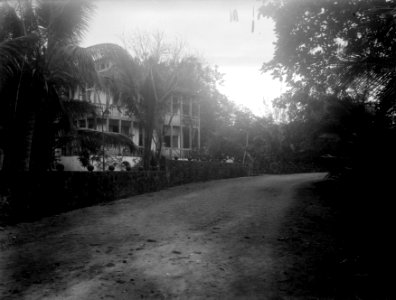 Gata eller väg med kokospalmer och ett finare tvåvåningshus. Tamatave, Toamasina. Madagaskar - SMVK - 021719