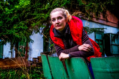 Lady in red forest wild wood