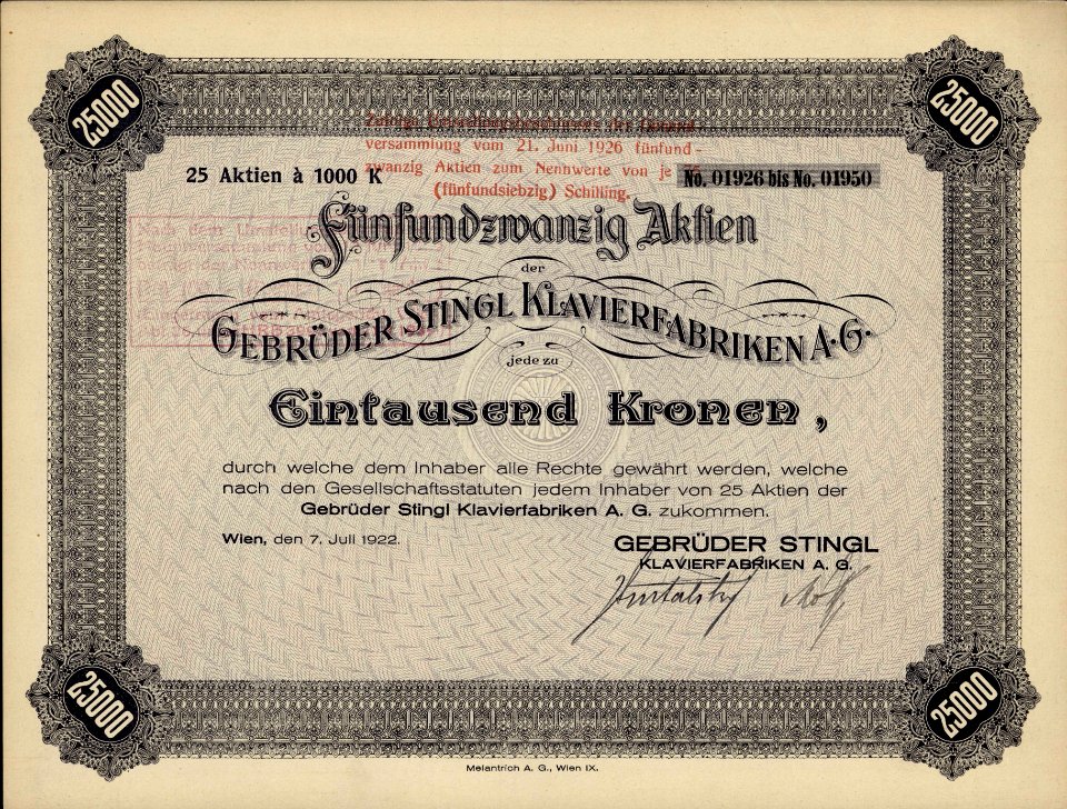 Gebrüder Stingl Klavierfabriken AG 1922