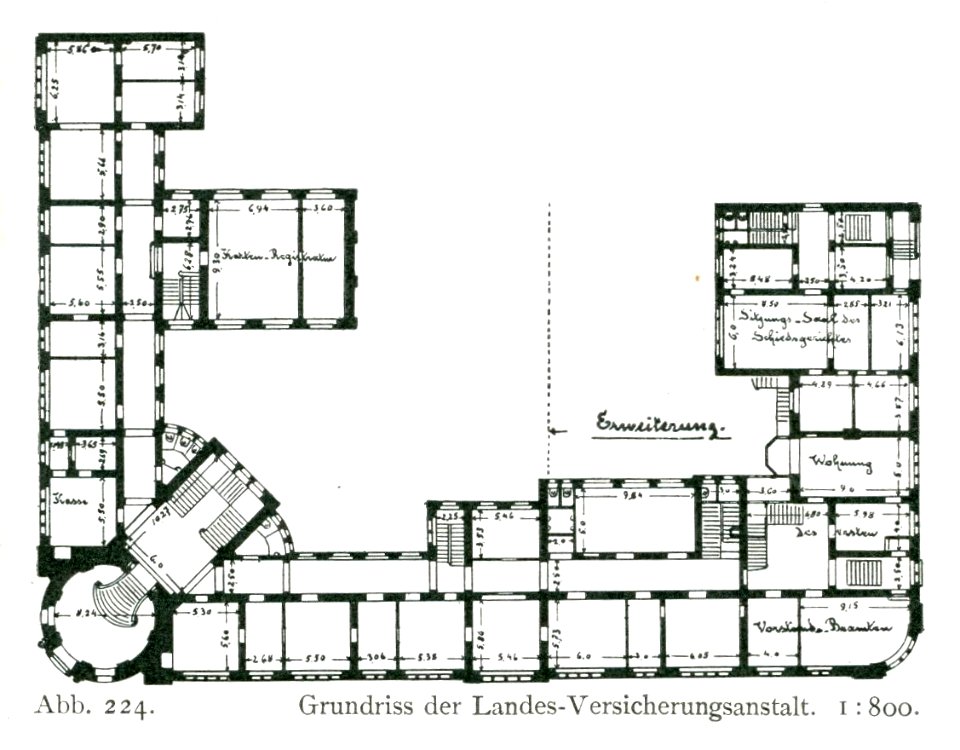 Gebäude der Landesversicherungsanstalt der Rheinprovinz, Friedrichstraße, Ecke Adersstraße in Düsseldorf, erbaut von Jacobs & Wehling 1895–1896, Grundriss