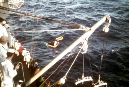 Gemini 3 capsule seen from USS Intrepid (CVS-11) 1965