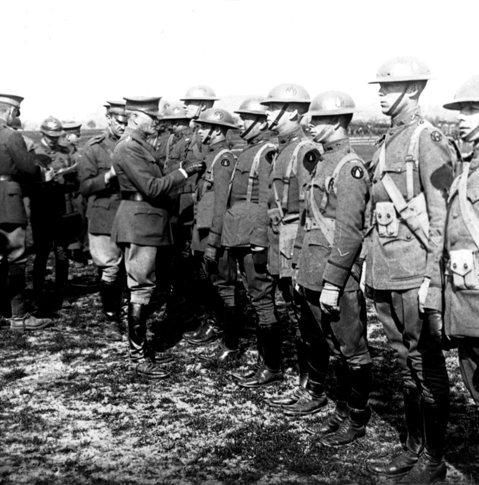 Gen Pershing decorating soldiers in Trier c1919