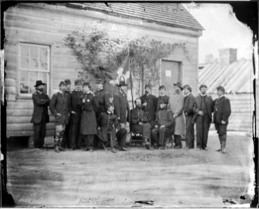 Gen. Alfred H. Terry and staff of fifteen. Recognized- Dr. A. J. Buzzel, Lieut. W. S. Hurlburt, Capt. Wm. V.... - NARA - 524462