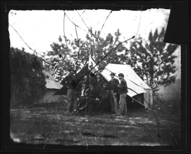 Gen. David McM. Gregg and staff of six. Recognized, Capt. Albert W. Harper, Col. C. Taylor, Capt. Treishel, (and)... - NARA - 524452