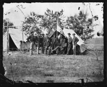 Gen. David McM. Gregg and staff of nine. Recognized - Capt. Admas, Capt. Edward A. Fobes, Lieut. Thomas Gregg, Capt.... - NARA - 524476