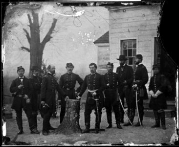 Gen. George B. McClellan and staff of eight; recognized -- Gen. Martin T. McMahon, Gen. George W. Meade, Col. Albert V. Colburn, Gen. Nelson B. Sweitzer, Capt. Prince de Joinville, Capt. Count de Paris. (4153843464)