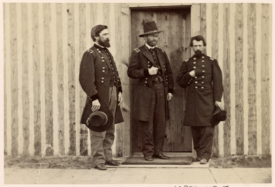 Gen. John A. Rawlins, left, Gen. U.S. Grant, center, and an unidentified officer LCCN2013647595