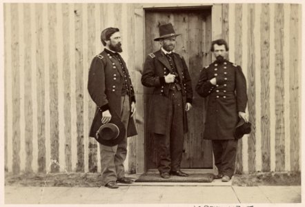 Gen. John A. Rawlins, left, Gen. U.S. Grant, center, and an unidentified officer LCCN2013647595