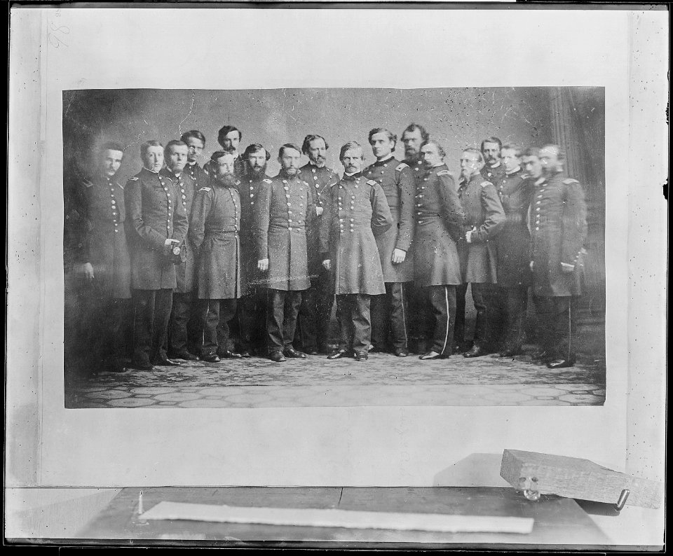 Gen. Nathaniel P. Banks and staff of seventeen, including Col. John S. Clarke. - NARA - 529967