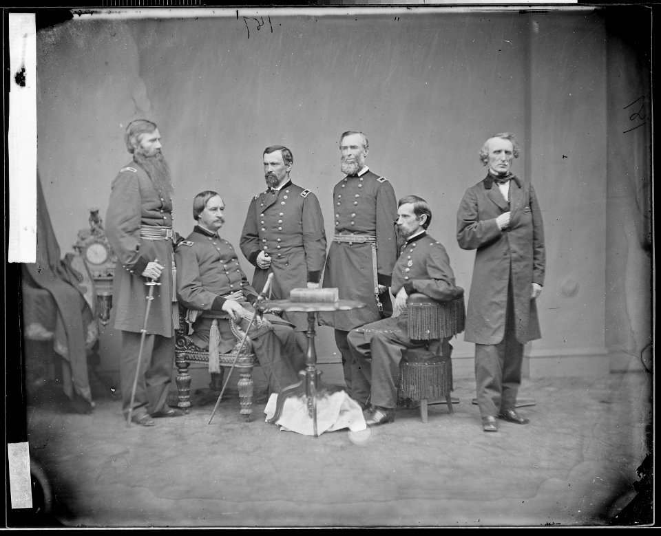 Gen. Thomas M. Harris, Gen. James A. Elkin, Hon. John A. Bingham, Ohio, Gen. David Hunter, Gen. August V. Kautz, Gen. Lewis Wallace (4208544179)