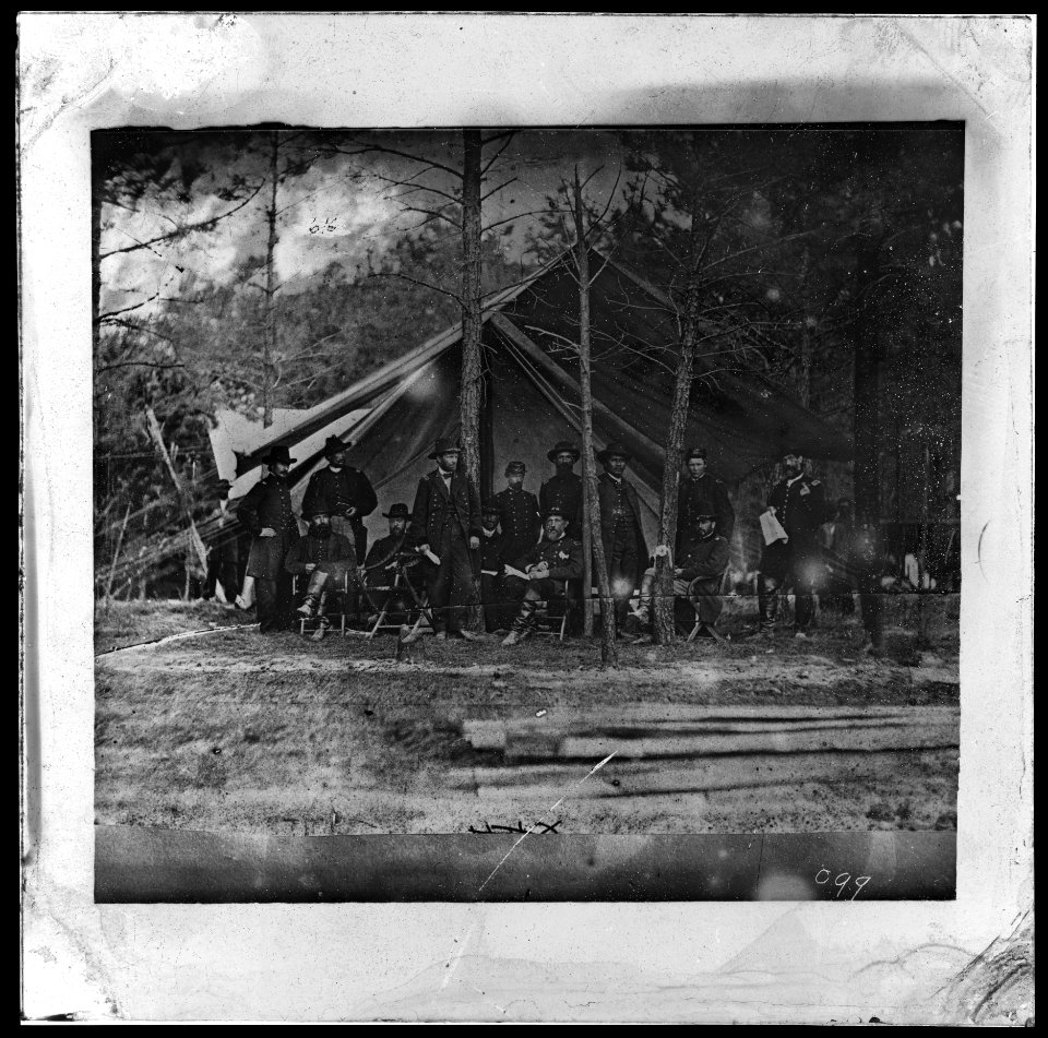 Gen. U.S. Grant & staff in front of Hdq. Cold Harbor, Va. LOC cwpb.03543