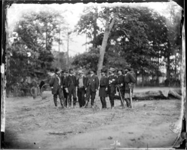 Gen. William F. Smith and staff of eight. -Recognized-, Gen. Adelbert Ames, Capt. Elder, Capt. C.P. F. West, Col.... - NARA - 524458