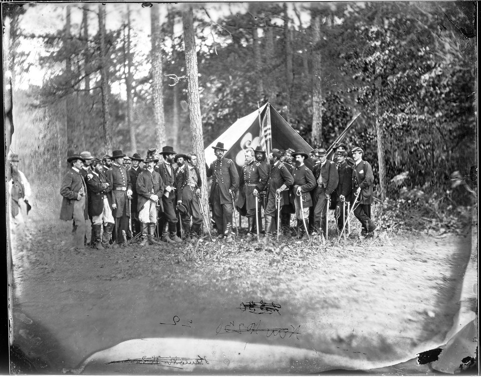 Gen. Winfield S. Hancock and staff of twenty-three, recognized. Gen. Francis C. Barlow, Gen. David B. Birney, Gen.... - NARA - 524489