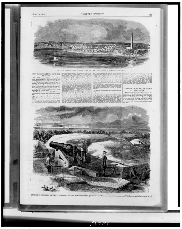 General Bragg's camp, as seen from Fort Pickens - - drawn by an officer of the fort. Interior of a sand-bag battery at Pensacolo bearing on Fort Pickens - sketched by our artist, who has LCCN90711024