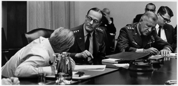 General Earle Wheeler and General Creighton Abrams with President Lyndon B. Johnson - NARA - 192564