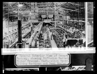 General interior view Oxnard, (California), factory showing diffusion battery filter presses, carbonation tanks, slicing machines, and beet scales LCCN2016824504