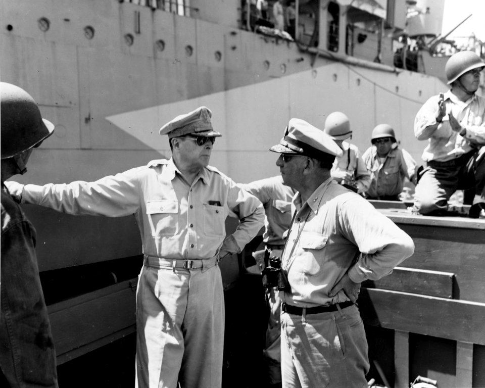 General MacArthur and RAdm Barbey leaving USS Nashville (CL-43) off Morotai on 15 September 1944