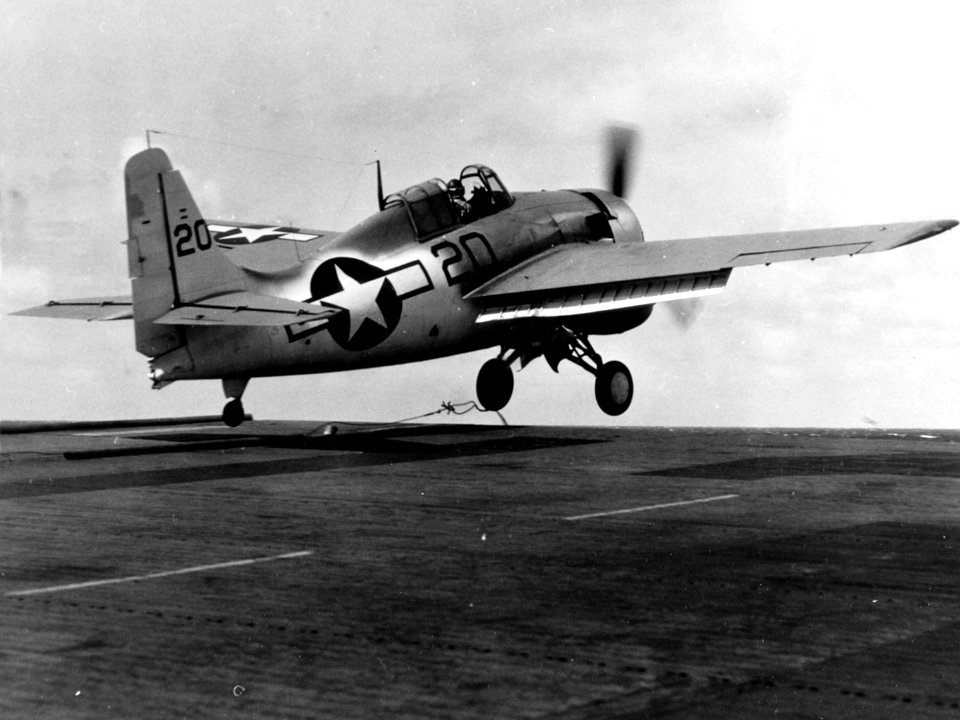 General Motors FM-2 Wildcat launched from USS Core (CVE-13) on 12 April 1944 (80-G-269035)