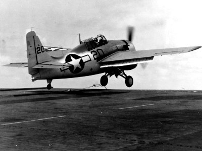 General Motors FM-2 Wildcat launched from USS Core (CVE-13) on 12 April 1944 (80-G-269035)