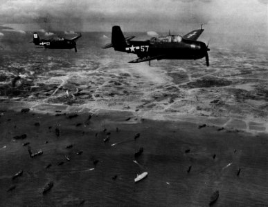 General Motors TBM Avengers of VMTB-233 in flight over Okinawa, Japan, in May-June 1945